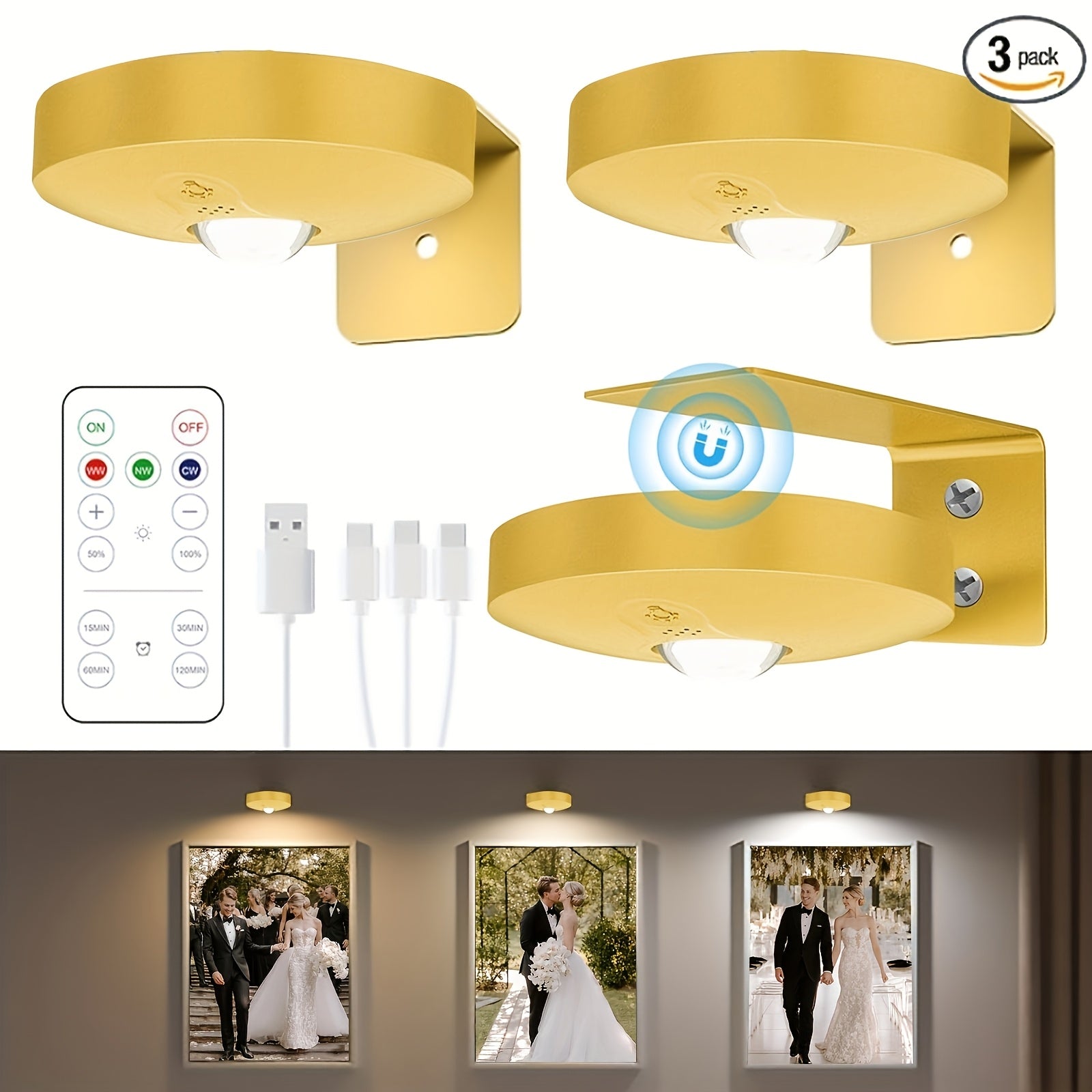 6-Pack / 3-Pack Rechargeable Picture Lights for Wall, Battery Operated Magnetic LED Art Display Lights with Remote Control, 3 Color Temperature, Dimmable and Timer Function, Golden, Perfect for Picture Frames, Hallway, Living Room, Bedroom, Gallery
