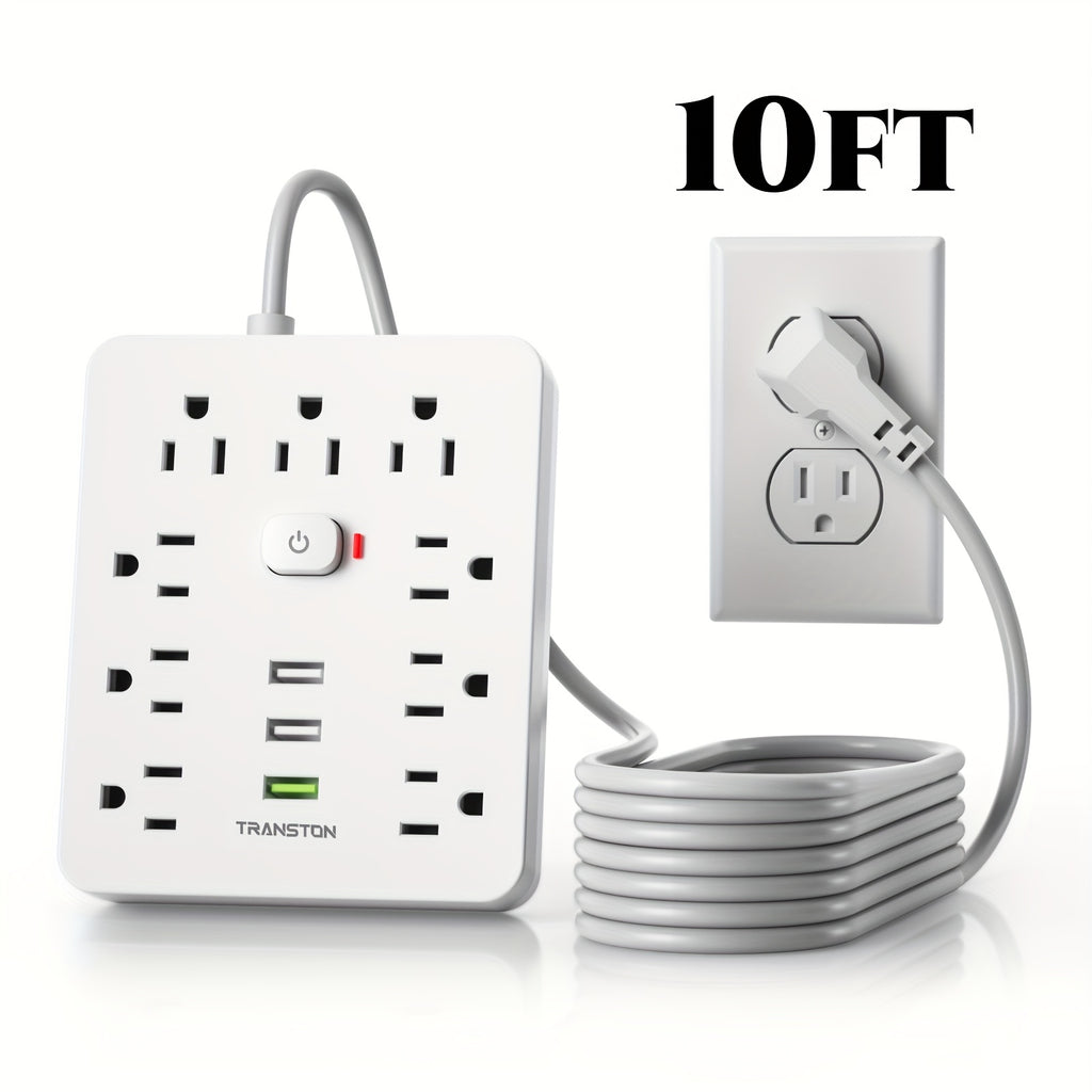 Power Strip Surge Protector with 9 Ac Outlets, 3 USB -10ft Cable, 45° Tilt Plug, Advanced Protection for Home, Office & High-Power Devices