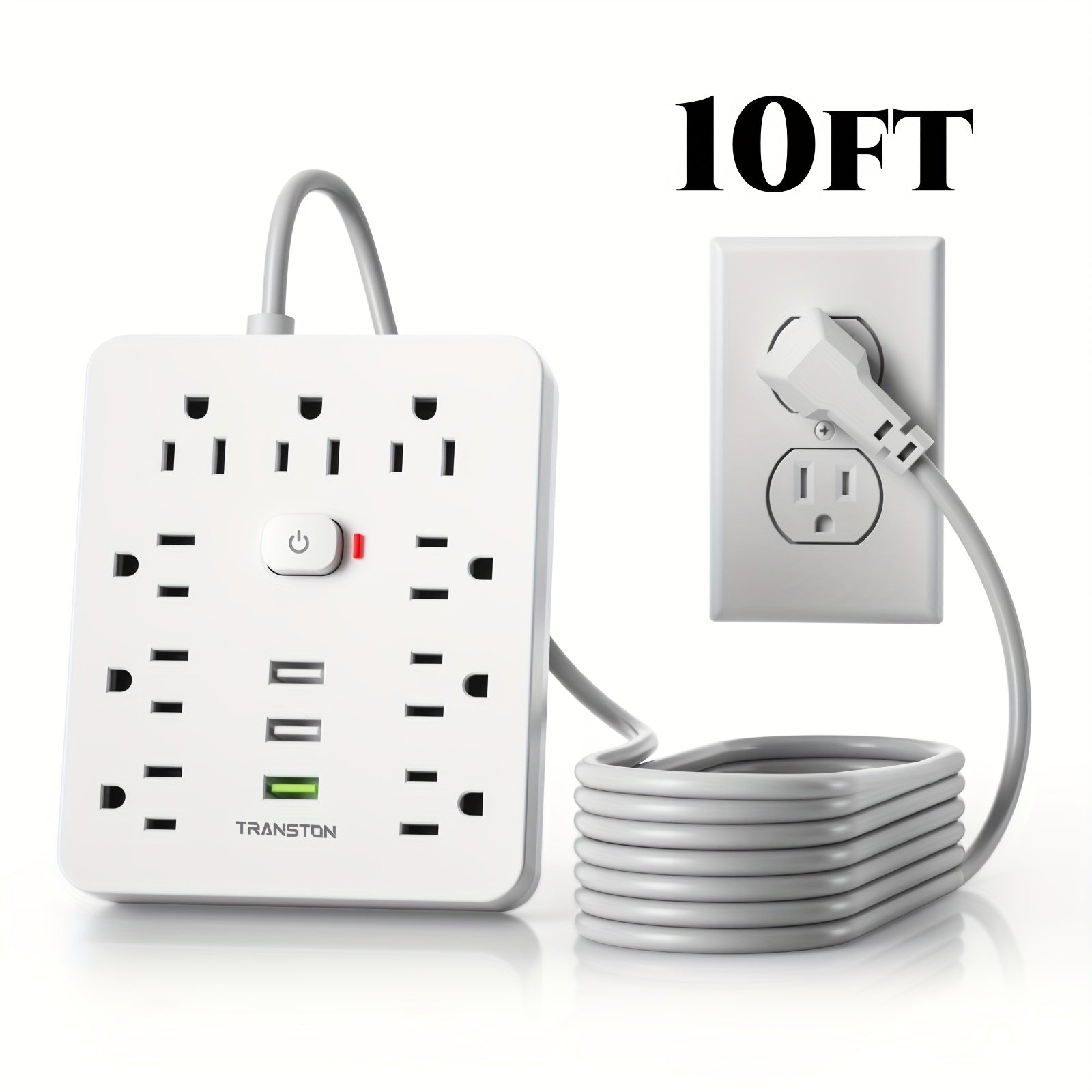 Power Strip Surge Protector with 9 Ac Outlets, 3 USB -10ft Cable, 45° Tilt Plug, Advanced Protection for Home, Office & High-Power Devices