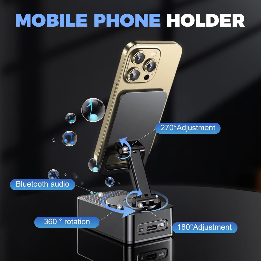 3 in 1 Phone Holder with Wireless Speaker, Phones Induction Speaker Amplifier, Phone Speakers Stand, High Capacity Battery for Emergency Rechargeable, Foldable for Tablet Iphone Android