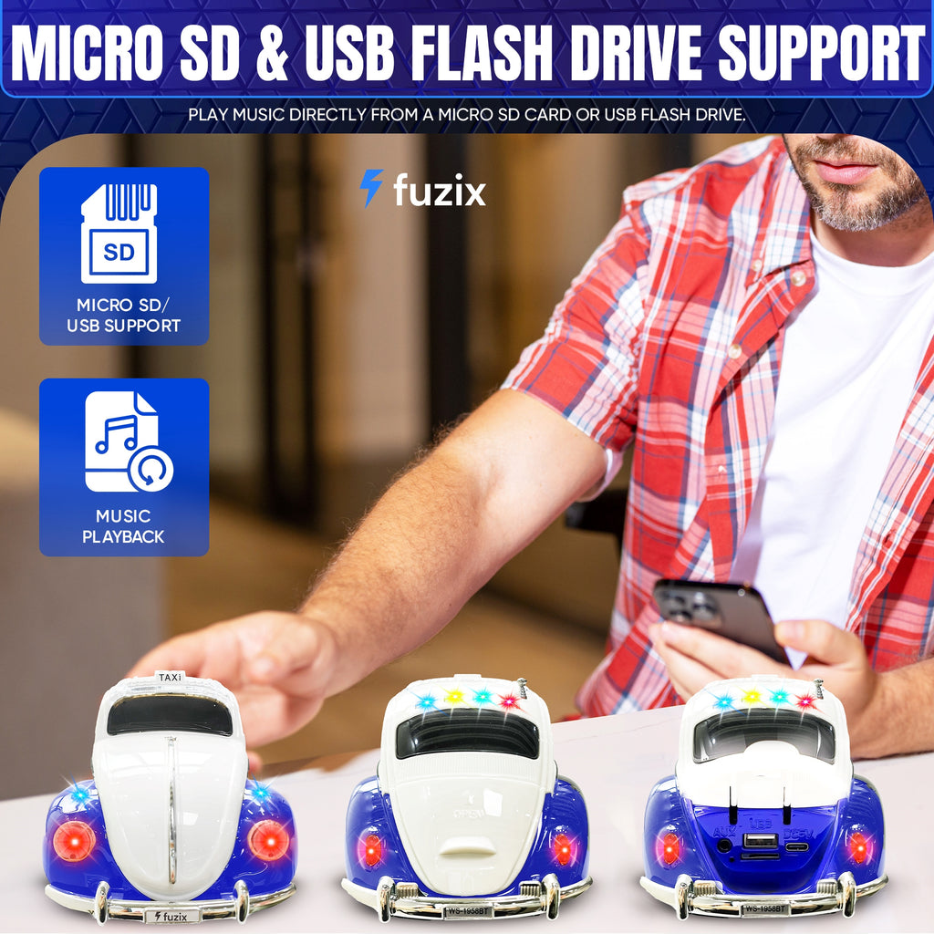Fuzix WS-1958 Car Bluetooth Portable Speaker, Retro Car-Style Wireless Stereo Speaker with LED Headlights and Taillights, AUX/USB/TF/FM Radio Support, Rechargeable Battery, Clear and Powerful Sound Quality, Multiple Playback Modes, High-Quality Festival G