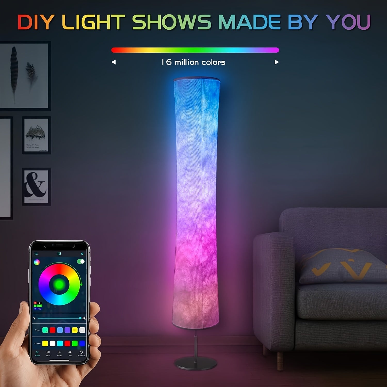1/2pcs Led Smart Floor Lamp, E-Sport Room Lamp, with 16 Million Colors And Scene Modes, Music Sync And White Fabric Shade, Smart Floor Lamp, Standing Lamp for Living/Game Room Bedroom, with App/Remote Control