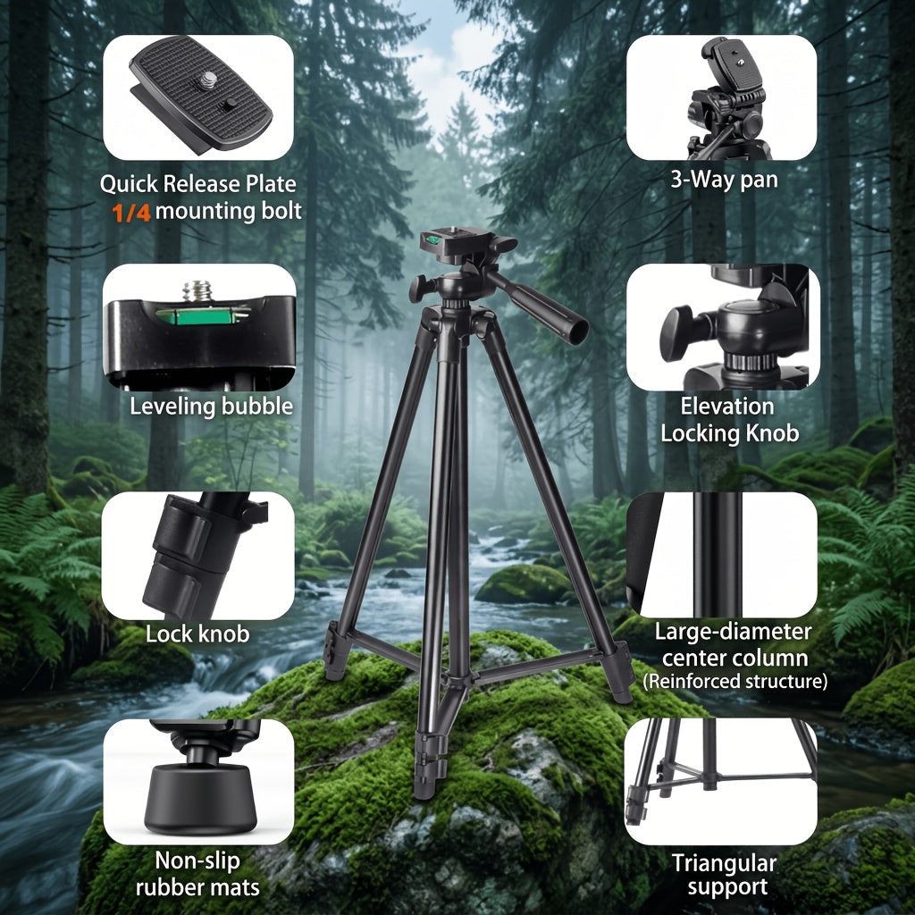 50" Tripod Stand for Camera, Phone Tripod Stand, Aluminum Travel Tripod with Quick Release Plates, Phone Clip & Carrying Bag, Camera Stand, Tripod for Cellphone, for DSLR, Smartphone, Action Camera, Ideal for Vlogging/Live Streaming/Outdoor Travel