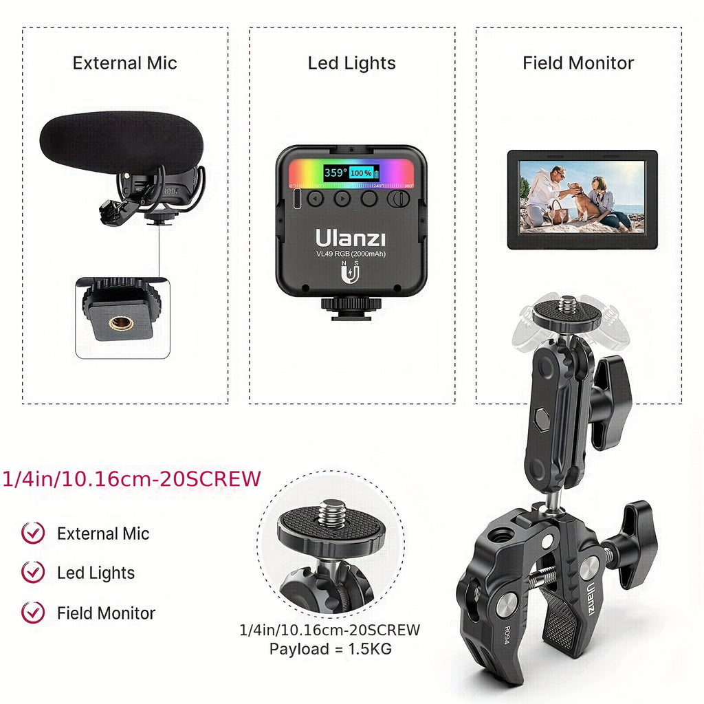 ULANZI Super Clamp Camera Clamp Mount Monitor 360° Ballhead Magic Arm Double Ball Head Adapter with 1/4"-20 & 3/8"-16 Thread for Canon Nikon DSLR Action Camera/LED Lights/Ronin-M/Ronin MX/Freefly MOVI 1pc/2pcs/3pcs)