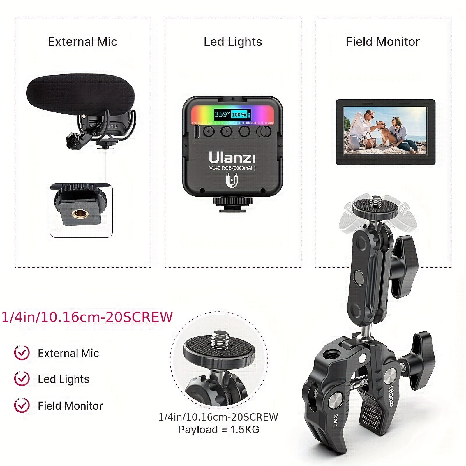 ULANZI Super Clamp Camera Clamp Mount Monitor 360° Ballhead Magic Arm Double Ball Head Adapter with 1/4"-20 & 3/8"-16 Thread for Canon Nikon DSLR Action Camera/LED Lights/Ronin-M/Ronin MX/Freefly MOVI 1pc/2pcs/3pcs)